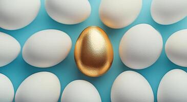 White eggs surrounding a shiny golden egg on a blue background creating a striking visual contrast photo