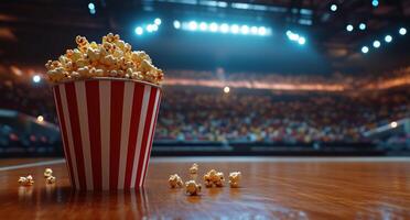 Delicious popcorn in focus as spectators eagerly await the exciting event at the arena photo