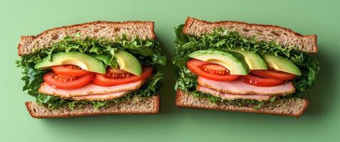 Fresh turkey and avocado sandwiches on whole grain bread with vibrant vegetables ready for lunch photo