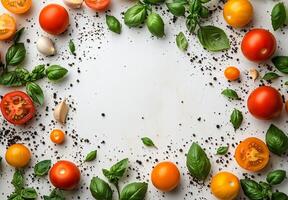 Fresh tomatoes and basil leaves arranged on a light background for culinary inspiration photo