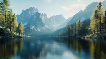 Serene mountain landscape with calm lake reflecting majestic peaks and lush trees in daylight photo