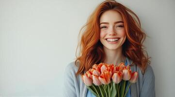 Young woman holds bouquet of tulips and smiles brightly in a simple indoor setting photo