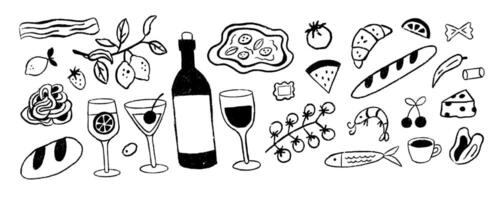 Set of cryan food for menu in trendy doodle style. Meal drawn background. Isolated objects in italian style. Wine glass, lemon on isolated background vector