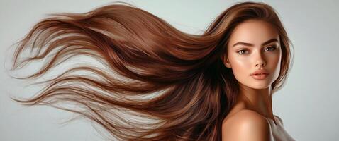 Model showcases flowing hair with graceful movement in a studio setting photo
