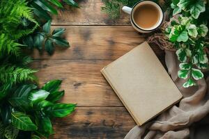 Cozy workspace with coffee, green plants, and an open book on wooden table setting photo