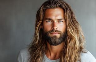 Bearded man with long hair poses confidently against a neutral background photo