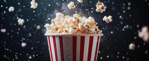 Fresh popcorn bursts from classic red and white striped container against dark background photo
