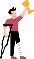 A man with a broken leg holding a trophy vector