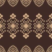 Cross stitch pixel brown color background with ethnic design fabric pattern retro. vector