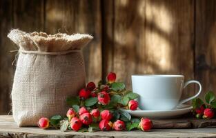 Decorative burlap sack and white cup with rose buds arranged on wooden table in natural light photo