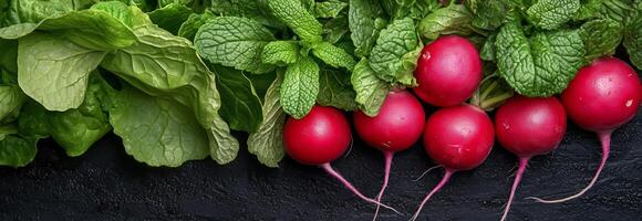 Fresh radishes and mint leaves arranged on a black surface for culinary use in vibrant meals photo