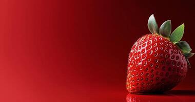 Bright red strawberry on smooth red background showcasing fresh fruit near a soft light source photo