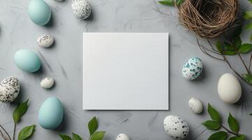 Decorative eggs and empty canvas arranged with greenery for artistic Easter celebration photo