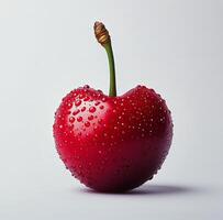 Fresh red cherry with water droplets on a plain background in bright light photo