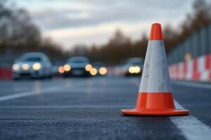Traffic cone on the road with blurred cars in the background during twilight photo