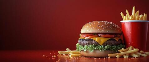 Delicious cheeseburger with toppings and fries on red background in a casual dining setting photo