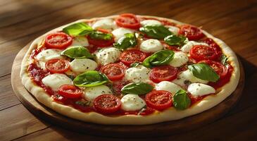 Freshly made pizza topped with tomatoes and basil on a wooden board in a cozy kitchen setting photo