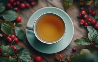 Warm beverage served in a mint colored cup surrounded by fresh berries and leaves photo