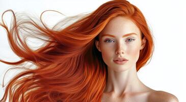 Red-haired model showcases flowing locks in a creative portrait against a simple background photo