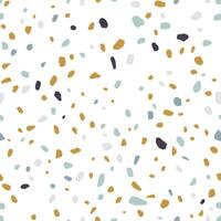 Terrazzo texture or tile. Seamless pattern with blue, yellow and black mineral rock crumb scattered on white background. Colorful illustration for fabric print, wrapping paper, flooring. vector