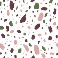Terrazzo geometric texture or tile. Seamless pattern with pink and green sprinkles scattered on white background. Creative illustration for backdrop, textile print, wrapping paper, flooring. vector