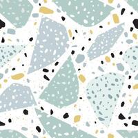 Terrazzo abstract texture or tile. Seamless pattern with blue, yellow and black stone fragments scattered on white background. Modern illustration for fabric print, wrapping paper, flooring. vector