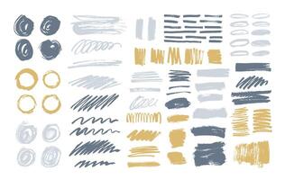 Bundle of colorful brush strokes, paint traces, smudges, smears, stains, scribble isolated on white background. Set of grey and yellow hand drawn design elements. Artistic illustration vector