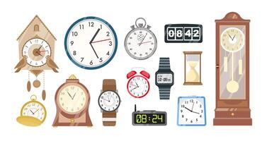 Collection of mechanical and electronic clocks, watches and hourglass isolated on white background. Set of devices to to measure indicate time. Colorful illustration in flat cartoon style. vector