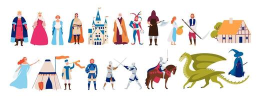 Collection of cute funny male and female characters and items and monsters from medieval fairytale or legend isolated on white background. Colorful illustration in flat cartoon style. vector