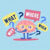 Funny human brain with glasses surrounded by questions and interrogation points thinks or solves problem or riddle. Cartoon character isolated on white background. Flat colorful illustration vector