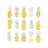 Collection of hand drawn pineapples of different texture isolated on white background. Bundle of exotic tropical fresh juicy fruits in yellow and grey colors. illustration in cartoon style vector