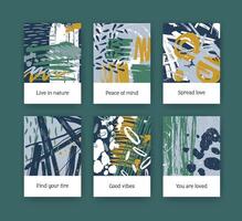 Collection of flyer or postcard templates with abstract hand drawn textures with colorful paint traces, brush strokes, smudges, stains, blots, scribble. Creative artistic illustration vector