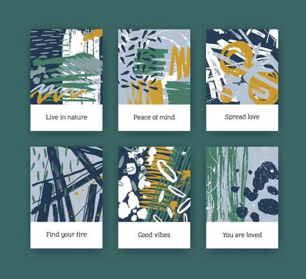 Collection of flyer or postcard templates with abstract hand drawn textures with colorful paint traces, brush strokes, smudges, stains, blots, scribble. Creative artistic illustration