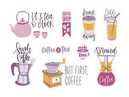 Collection of coffee and tea lettering isolated on white background. Set of text and phrases handwritten with various calligraphic fonts and decorated with design elements. illustration vector