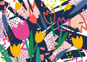 Creative horizontal backdrop with tulip flowers and colorful abstract stains and scribble. Bright colored decorative background. Trendy artistic illustration in contemporary art style vector