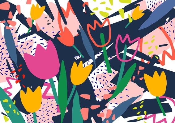 Creative horizontal backdrop with tulip flowers and colorful abstract stains and scribble. Bright colored decorative background. Trendy artistic illustration in contemporary art style