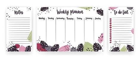 Weekly planner with weekdays, page for notes and to do list templates decorated with abstract brush strokes and exotic monstera leaves. Modern scheduler, bullet journal. illustration. vector