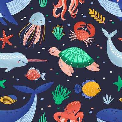 Seamless pattern with cute funny marine animals or happy underwater creatures living in sea. Ocean fauna. Flat cartoon childish illustration for textile print, wrapping paper, wallpaper.