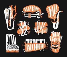 Set of jazz music lettering handwritten with calligraphic font and decorated with various musical instruments isolated on black background - piano, drums, sax, trumpet. Creative illustration vector