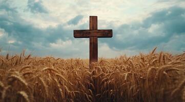 Cross standing tall in a golden wheat field under a cloudy sky at midday photo