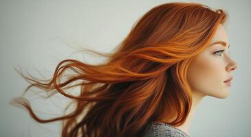 Woman with flowing red hair poses against neutral background in artistic portrait photo