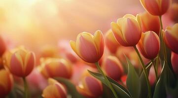 Vibrant tulips bloom under warm sunlight in a colorful garden during spring photo