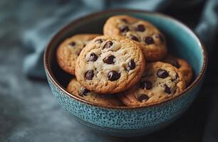 Freshly baked chocolate chip cookies in a bowl ready for enjoyment photo