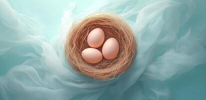 Nest with three eggs resting on soft fabric background in gentle light photo