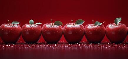 Fresh red apples lined up on a shiny surface with droplets and a vibrant red background photo