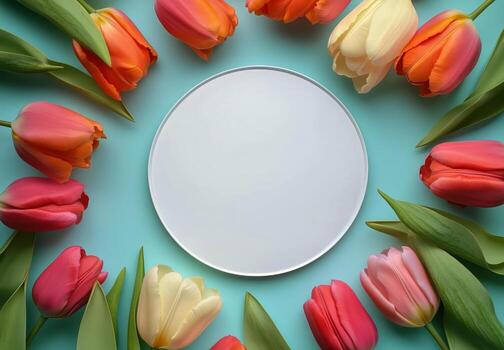 Colorful tulips arranged around a round mirror on a blue background during springtime photo