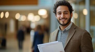 Young professional holding papers and smiling in a modern office setting during the day photo