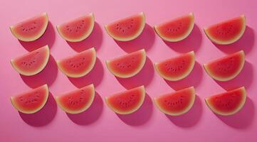 Colorful arrangement of watermelon slices on pink background during bright daylight photo