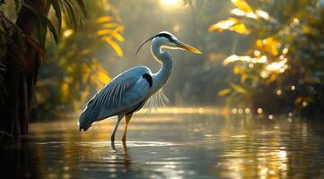 Heron standing gracefully in a serene swamp surrounded by lush foliage at sunrise photo