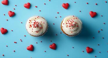 Two decorated cupcakes with red heart sprinkles on a blue background for a celebration photo